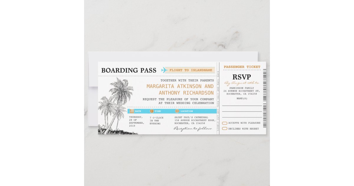 boarding pass wedding tickets with RSVP together Invitation | Zazzle