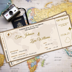 Boarding Pass Wedding VIP Airline Ticket Beige  Invitation