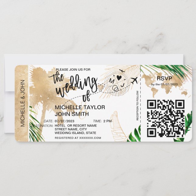 Boarding Pass World Map Island Beach RSVP QR code  Invitation (Front)