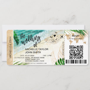 Boarding Pass World Map Island Beach RSVP QR code Invitation