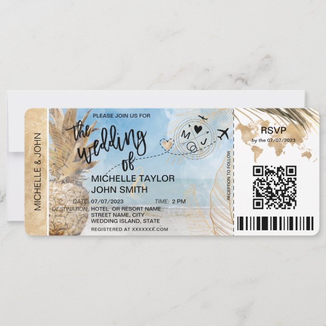 Boarding Pass World Map Island Beach RSVP QR code  Invitation (Front)