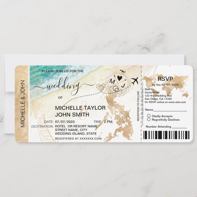 Boarding Pass World Map Philippines Beach RSVP Invitation (Front)