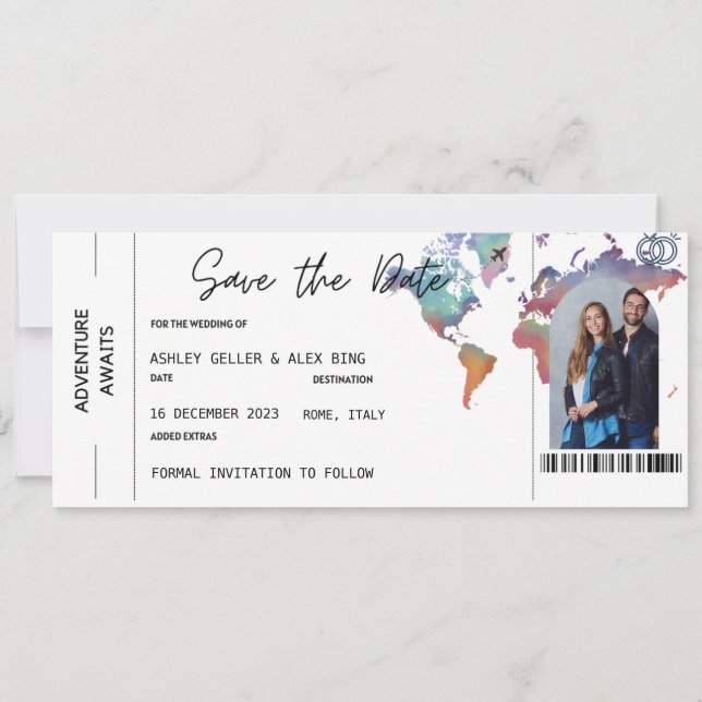 Boarding Ticket Save The Date With Photo  Invitation (Front)