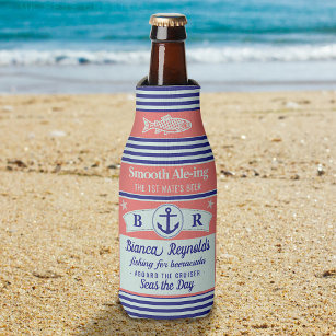 Boat 1st Mate Nautical Sailor Striped Coral Beer Bottle Cooler
