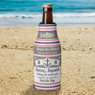 Boat 1st Mate Nautical Sailor Striped Cute Beer Bottle Cooler