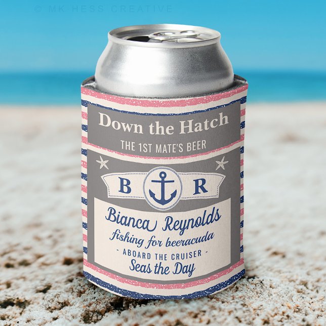 Boat 1st Mate Nautical Sailor Striped Cute Beer Can Cooler (Creator Uploaded)