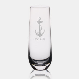 Boat Anchor and Name Nautical Custom Stemless Champagne Flute