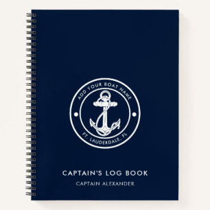 Boat Anchor and Name Navy Blue Captain Log Notebook