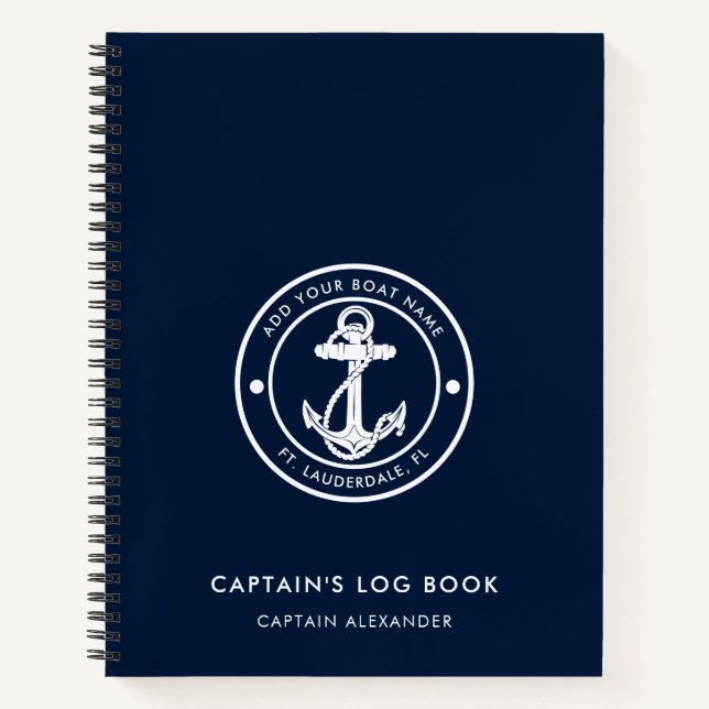 Boat Anchor and Name Navy Blue Captain Log Notebook (Front)