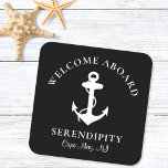 Boat Anchor Black Personalized Square Paper Coaster<br><div class="desc">Chic and modern nautical-themed coasters for your boat's guests that feature a white illustration of an anchor on a black background. Personalize the "Welcome Aboard" text and your boat's name and location in elegant white typography.</div>