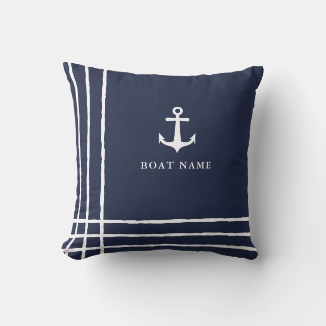 Boat Anchor Custom Name Navy Blue Nautical Throw Pillow (Front)