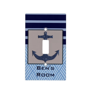 Boat Anchor design & Navy Blue Nautical Stripes Light Switch Cover