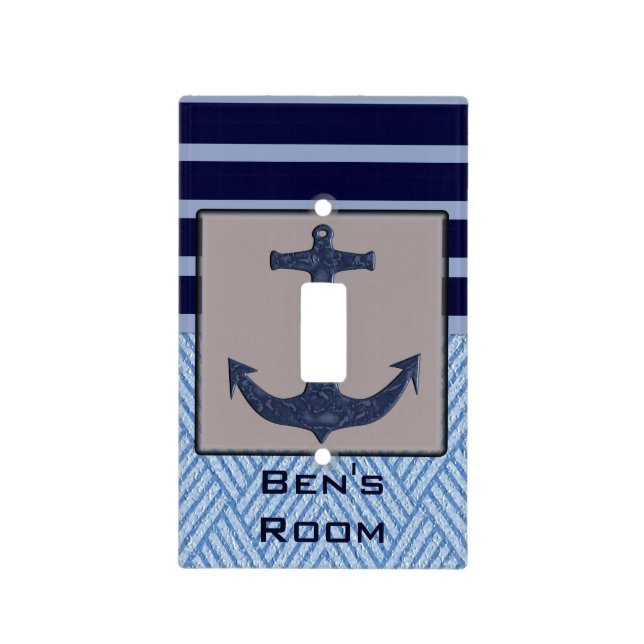 Boat Anchor design & Navy Blue Nautical Stripes Light Switch Cover (Front)