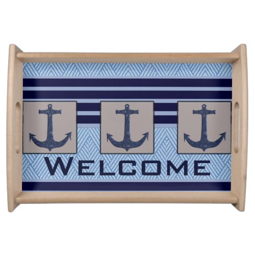 Boat Anchor design  Navy Blue Nautical Stripes Serving Tray