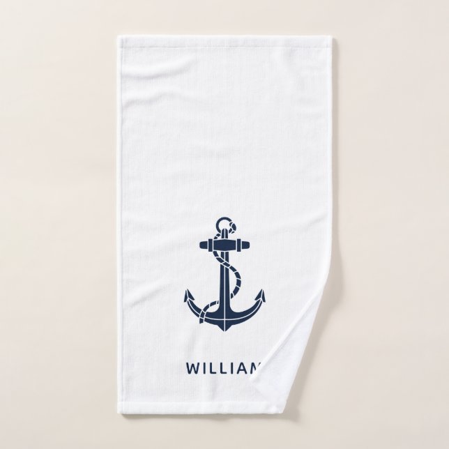 Boat Anchor Nautical Navy Blue Personalized Hand Towel (Hand Towel)