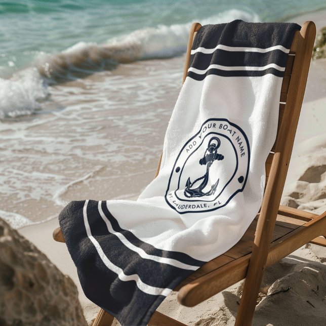 Boat Anchor Navy Blue Boating Custom Beach Towel (Nautical Anchor Custom Boat Name Navy Blue and White Beach Towel)