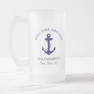 Boat Anchor Navy Blue Personalized Frosted Glass Beer Mug