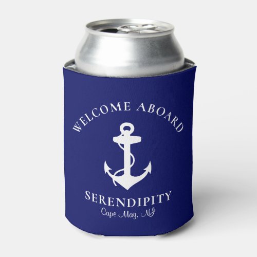 Boat Anchor Navy Blue Personalized Name Can Cooler