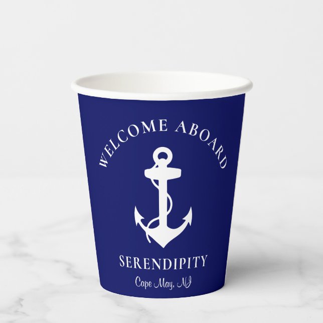 Boat Anchor Navy Blue Personalized Paper Cups (Back)