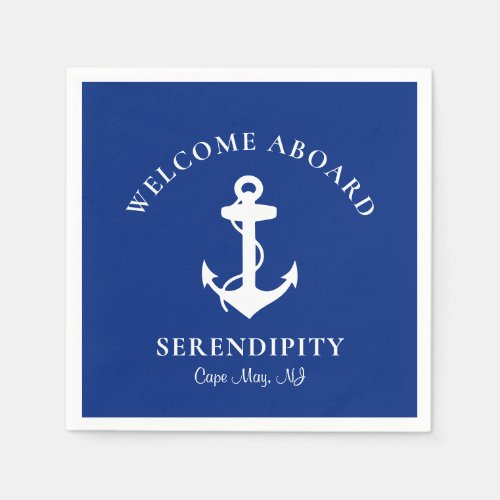 Boat Anchor Navy Blue Personalized Welcome Aboard Napkins