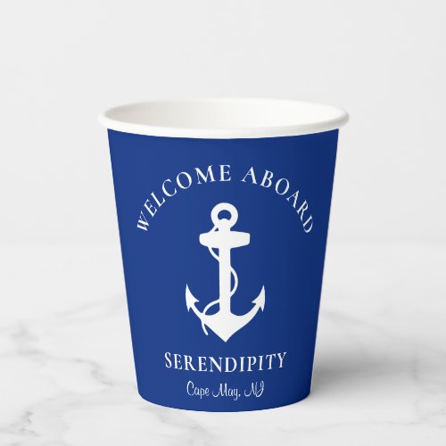 Boat Anchor Navy Blue Personalized Welcome Aboard Paper Cups