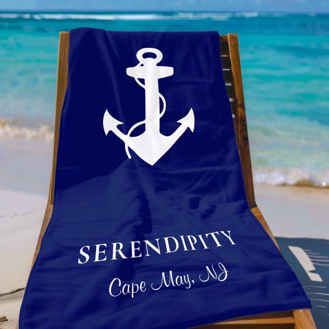 Boat Anchor Personalized Navy Blue Beach Towel (Creator Uploaded)