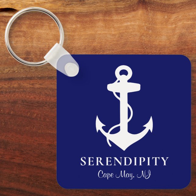 Boat Anchor Personalized Navy Blue Keychain (Front)