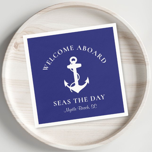 Boat Anchor Personalized Welcome Aboard Navy Blue Napkins (Creator Uploaded)