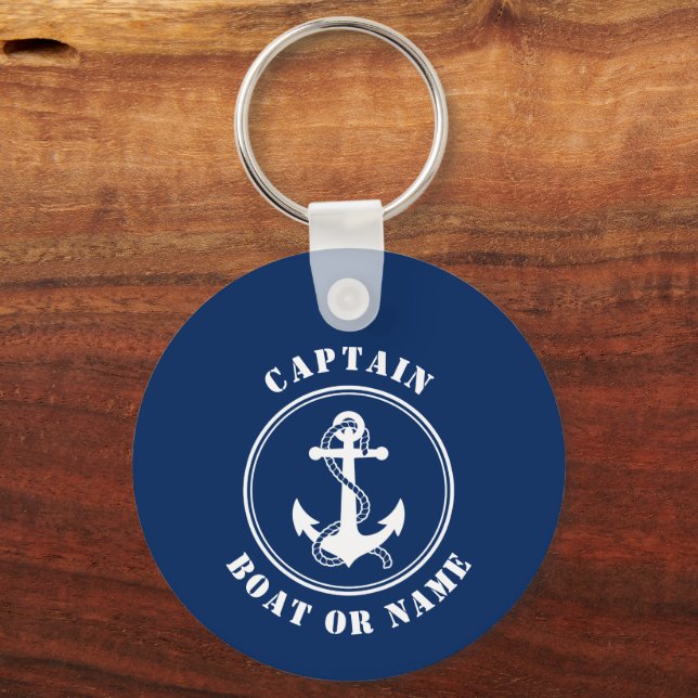 Boat Anchor Rope Captain Name Photo Back Navy Keychain (Front)