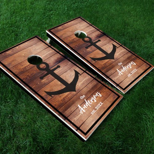 Boat Anchor Stained Wood Boards Family Name Cornhole Set