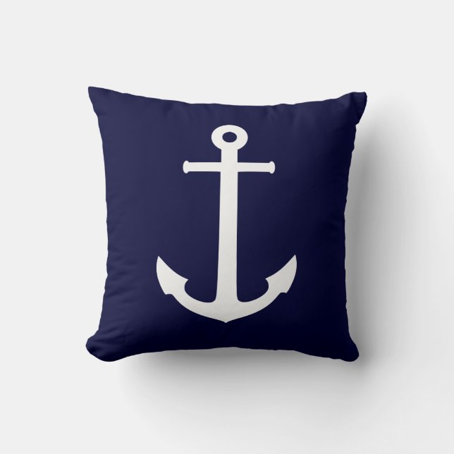 Boat Anchor White On Navy Blue Throw Pillow (Front)