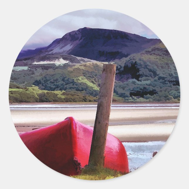 BOAT AND MOUNTAIN LANDSCAPE CLASSIC ROUND STICKER (Front)