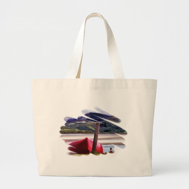 BOAT AND MOUNTAIN LANDSCAPE LARGE TOTE BAG (Front)
