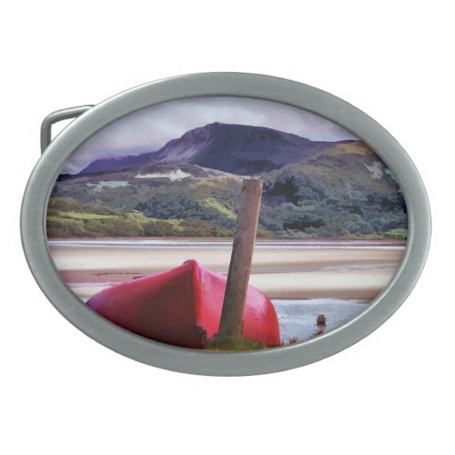 BOAT AND MOUNTAIN LANDSCAPE OVAL BELT BUCKLE