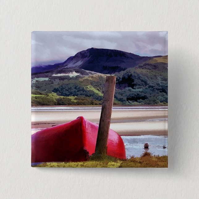 BOAT AND MOUNTAIN LANDSCAPE PINBACK BUTTON (Front)