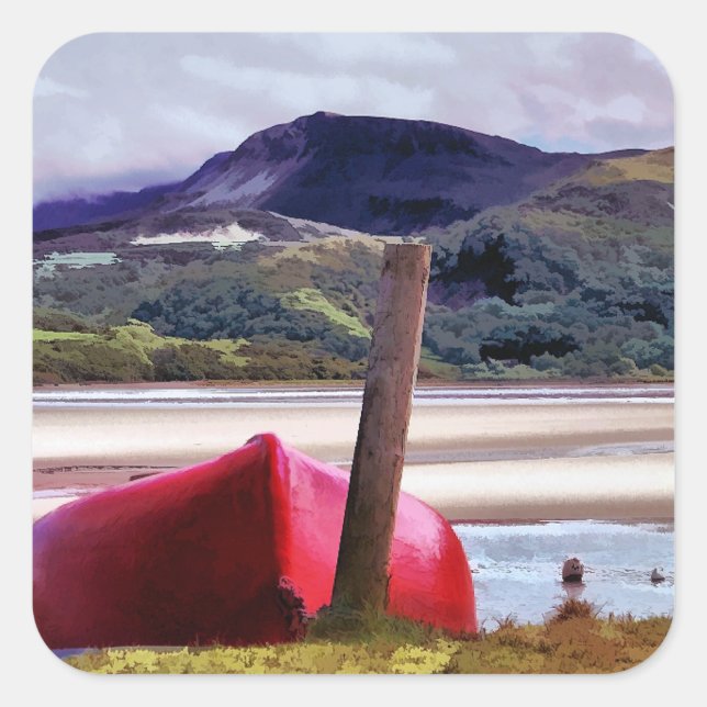BOAT AND MOUNTAIN LANDSCAPE SQUARE STICKER (Front)