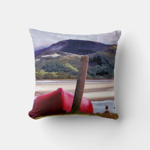 BOAT AND MOUNTAIN LANDSCAPE THROW PILLOW