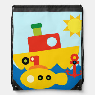 Boat and Submarine in the Ocean Drawstring Bag