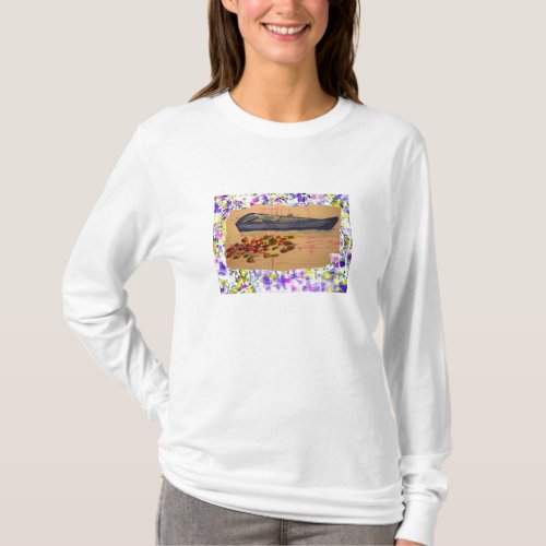 boat and water lilies torn sketch drip T_Shirt