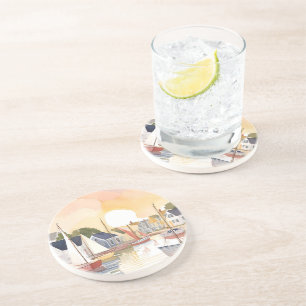 Boat Bay Coastal Ocean Watercolor Painting Coaster