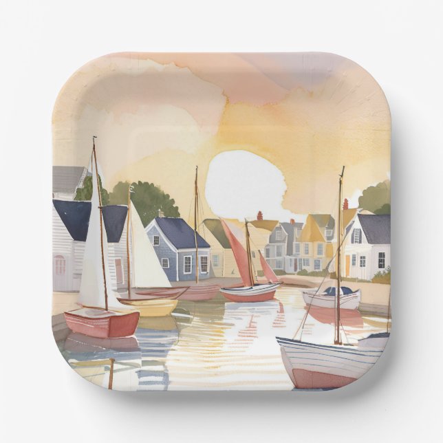 Boat Bay | Coastal Ocean Watercolor Painting Paper Plates (Front)