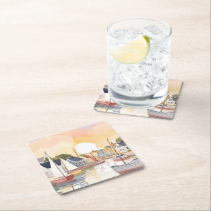 Boat Bay Coastal Ocean Watercolor Painting Square Paper Coaster