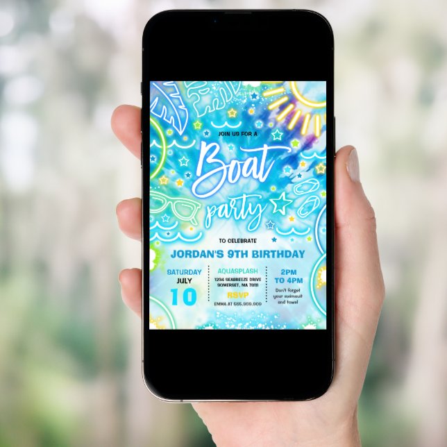 Boat Birthday Party Party At The Lake Tie Dye Glow Invitation (Front Digital)