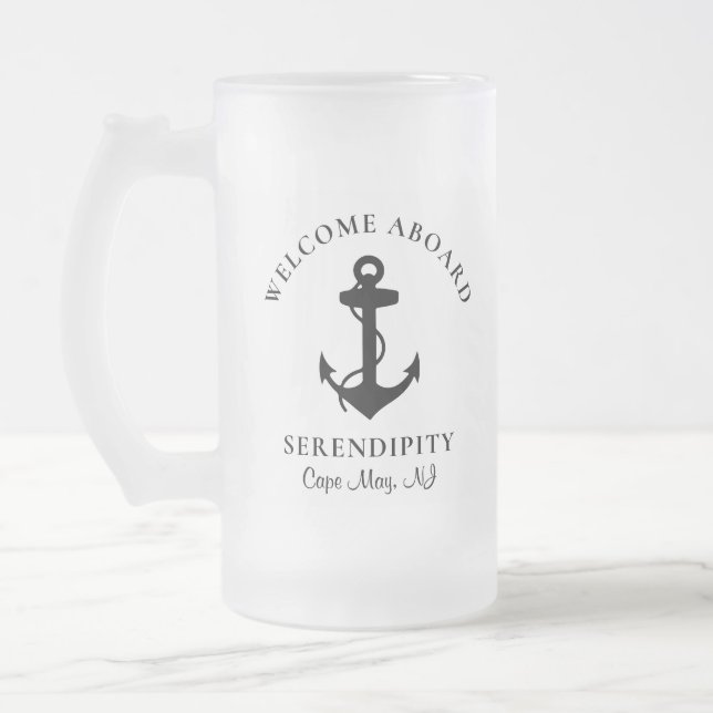 Boat Black Anchor Personalized Frosted Glass Beer Mug (Left)