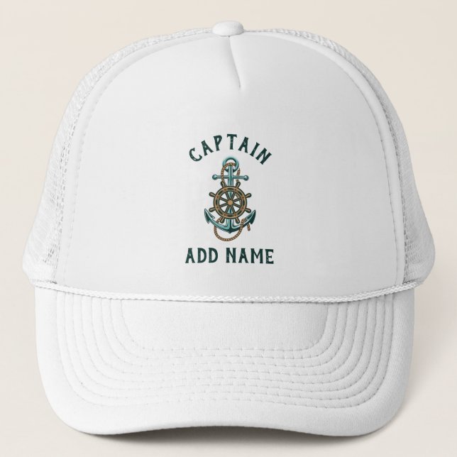 Boat Captain Add Your Name Nautical Anchor Trucker Hat (Front)