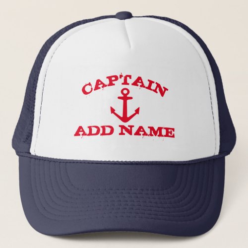 Boat captain hat with red nautical anchor and name