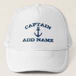 Boat captain hats with nautical anchor and name<br><div class="desc">Boat captain hat with nautical anchor and custom name. Vintage typography template for sailor. Make your own personalized hat for sailing / boating. Navy blue ship anchor symbol with grungy text. Cute Birthday or Fathers Day gift idea for men. Make your own for dad, uncle, father, brother, husband etc. Custom...</div>