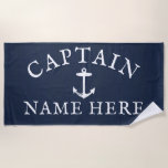 Boat Captain Name Nautical Anchor Navy Blue Beach Towel