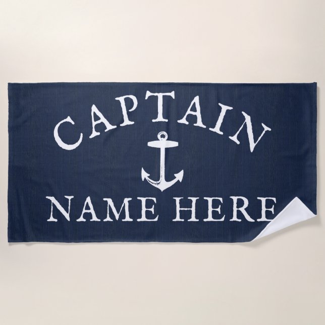 Boat Captain Name Nautical Anchor Navy Blue Beach Towel (Front)