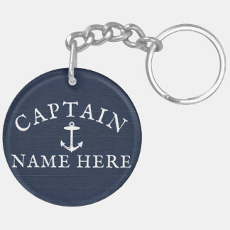 Boat Captain Name Nautical Anchor Navy Blue Keychain